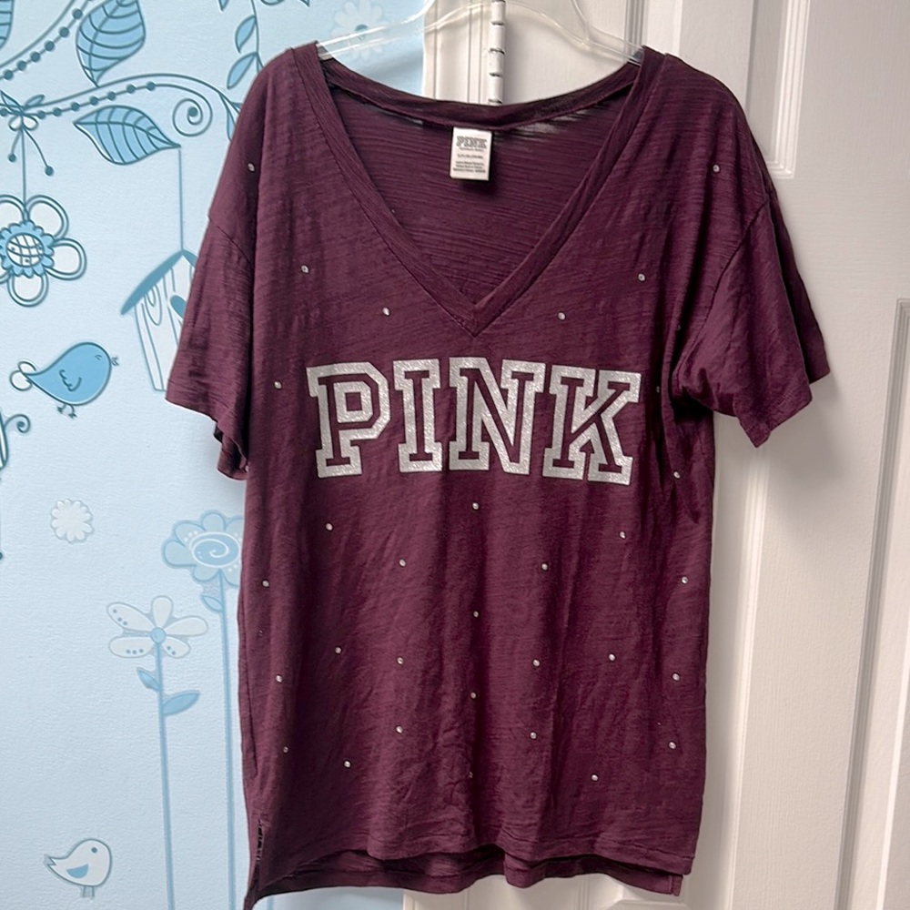 PINK Victoria's Secret Red Wine Blings Silver Glitter Logo Oversized T-Shirt S !